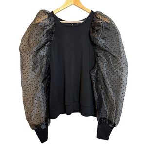INC Top XL Black Puff Sheer Mesh Polka Dot Long Sleeve Statement Dramatic Bold